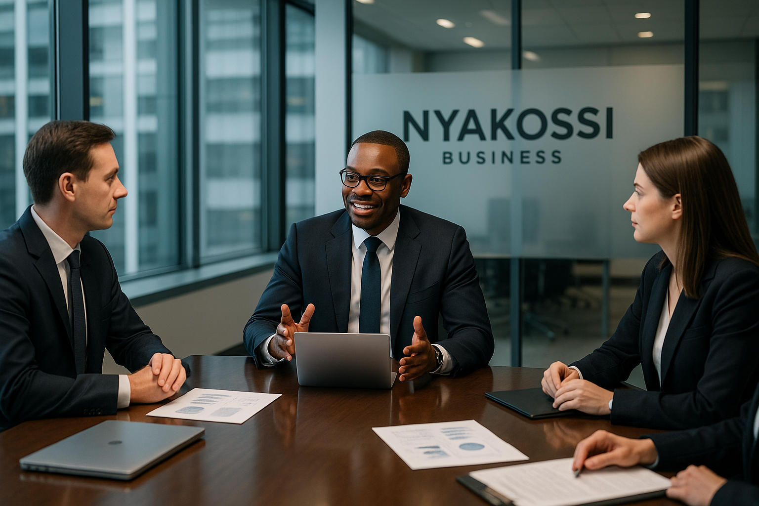 directeur général de Nyakossi Business entrain de discuter avec ses collaborateurs dans la salle de réunion, 4 personnes toutes habilles en veste